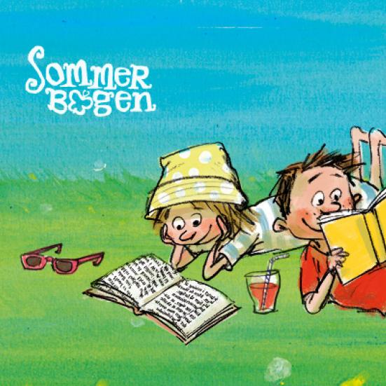 Illustration af to børn der ligger i græsset og læser bøger 