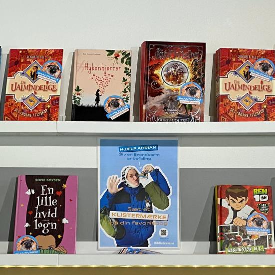 En udstilling med mange bøger med forsiden udad. Det er børnebøger, som har klistermærker på med teksten "Brandvarm anbefaling".