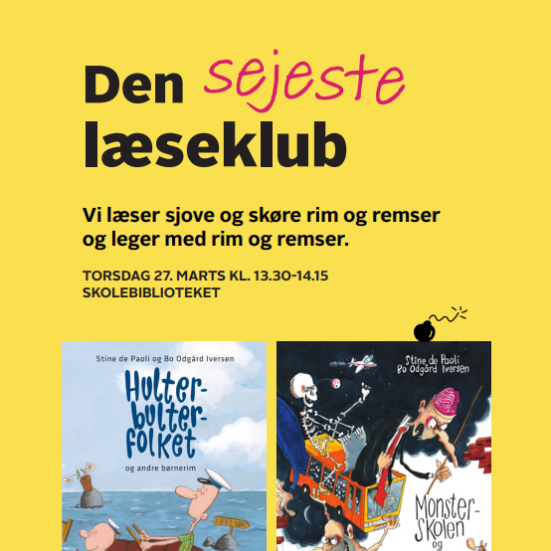 Billede med gul baggrund, skrift og bogforsider, der reklamerer for Den sejeste læseklub og fortæller om dagens program.