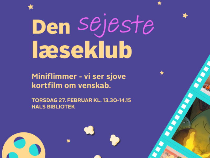 Et billede med lilla skrift som reklamerer for Den sejeste læseklub. Der er illustrationer af popcorn og film.