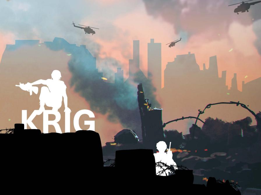 Forside af emnelisten "Krig". Det er en grafisk tegning med helikoptere i luften og hvide silhouetter af soldater.